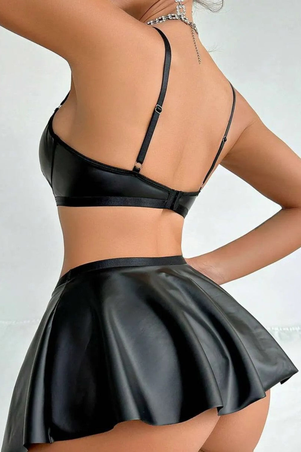 Women's black faux leather lingerie set, strappy corset top & skirt 3-piece