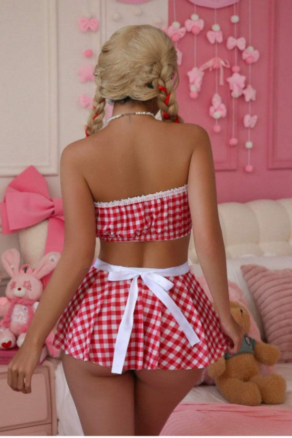 Women's red gingham maid lingerie set, sexy strapless bandeau top & mini skirt roleplay outfit