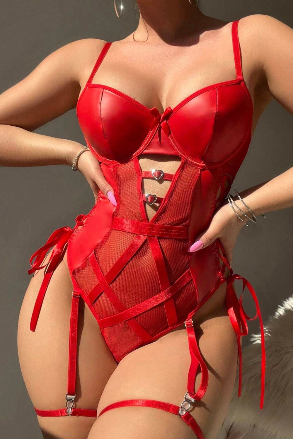 Women's red PU mesh patchwork lingerie, cut out strappy teddy nightwear