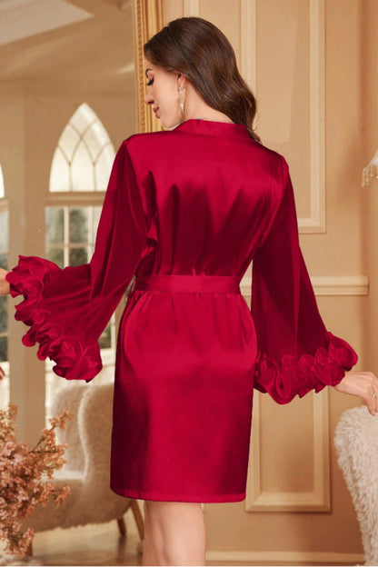 Women's red satin mesh ruffle sleeve robe set, cute girl style sheer sleeve sleepwear with belt