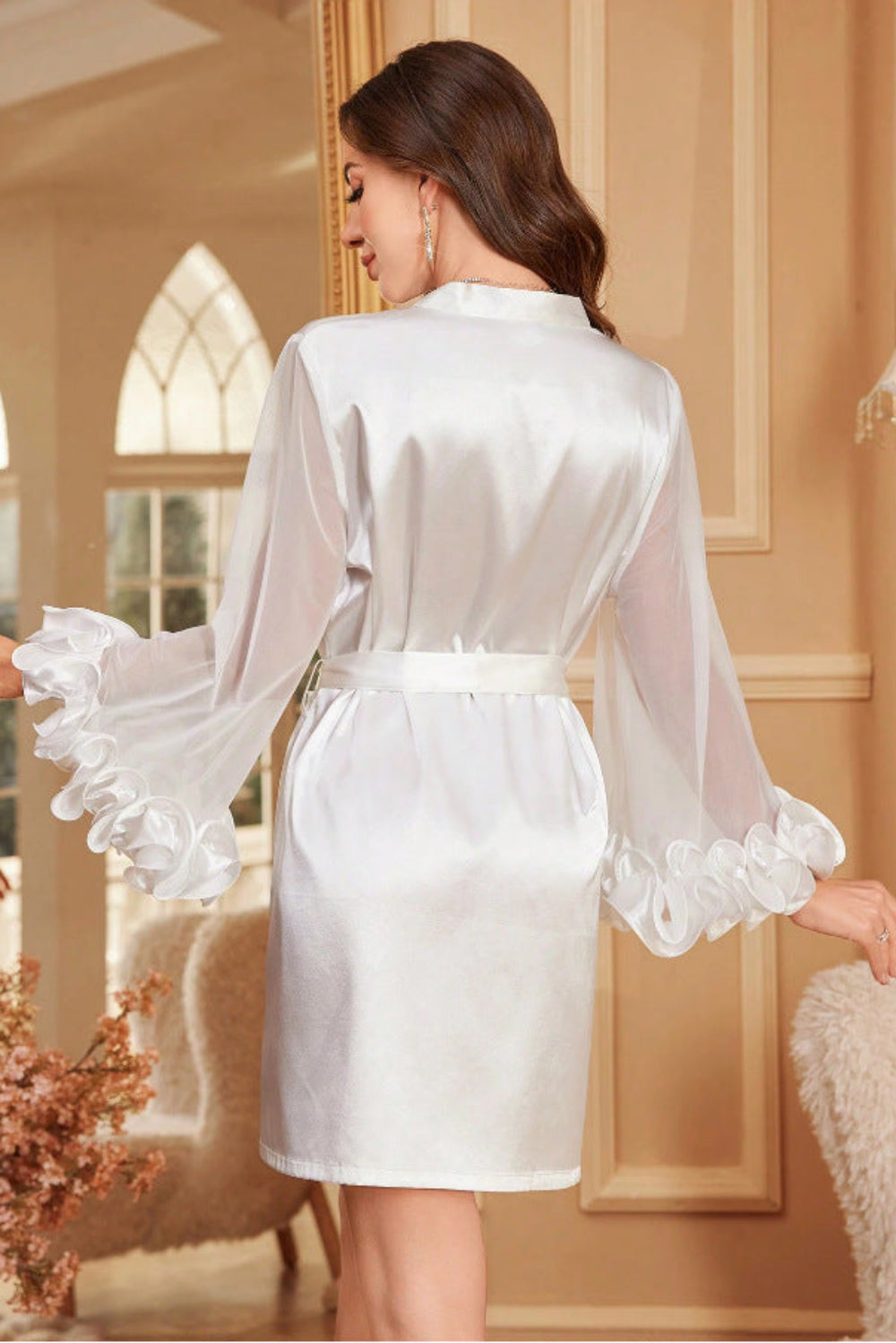 Women's white satin mesh ruffle sleeve robe set, cute girl style sheer sleeve sleepwear with belt